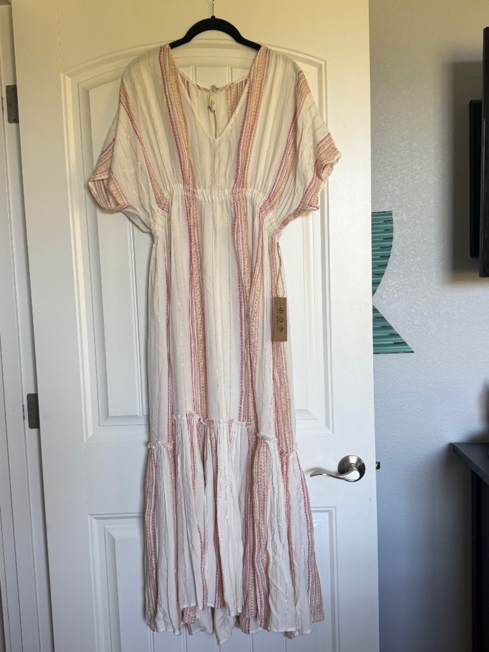 ELAN Medium Striped Maxi Dress Boho V Neck Tiered Cream Pink Beach Cover U